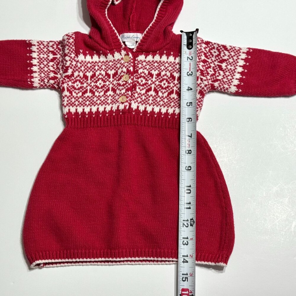 Ralph Lauren Baby Red Cotton Fair Isle Sweater Dress Hooded Holiday Christmas - Picture 12 of 12